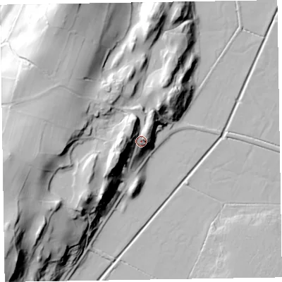 Shaded relief map of the ground around LA206BS, computed from Environment Agency LiDAR. The ground here sits at about 22 m above sea level and falls 50 m across the surrounding 800 m. Surface water reaching this point runs off ground lying to the west-south-west, 33.5 m higher.