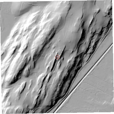 Shaded relief map of the ground around LA206BT, computed from Environment Agency LiDAR. The ground here sits at about 48 m above sea level and falls 59 m across the surrounding 800 m. Surface water reaching this point runs off ground lying to the west-south-west, 8.4 m higher.