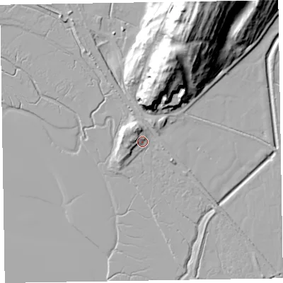 Shaded relief map of the ground around LA206BU, computed from Environment Agency LiDAR. The ground here sits at about 7 m above sea level and falls 55 m across the surrounding 800 m. Surface water reaching this point runs off ground lying to the north-north-west, 8.1 m higher.