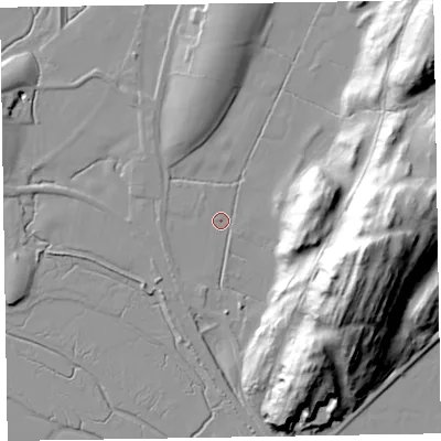 Shaded relief map of the ground around LA206BX, computed from Environment Agency LiDAR. The ground here sits at about 6 m above sea level and falls 55 m across the surrounding 800 m. Surface water reaching this point runs off ground lying to the west-south-west, 2.3 m higher.