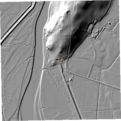 Shaded relief map of the ground around LA206BY, computed from Environment Agency LiDAR. The ground here sits at about 7 m above sea level and falls 30 m across the surrounding 800 m. Surface water reaching this point runs off ground lying to the north, 11.1 m higher.