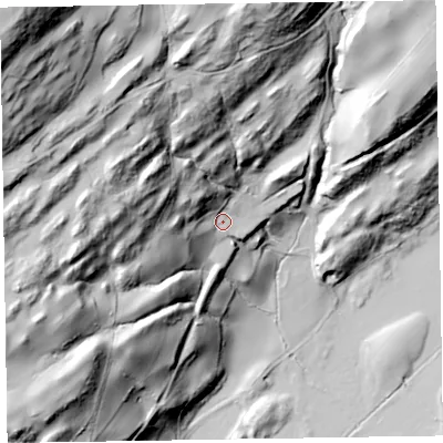 Shaded relief map of the ground around LA206DJ, computed from Environment Agency LiDAR. The ground here sits at about 35 m above sea level and falls 144 m across the surrounding 800 m. Surface water reaching this point runs off ground lying to the west-north-west, 47.7 m higher.
