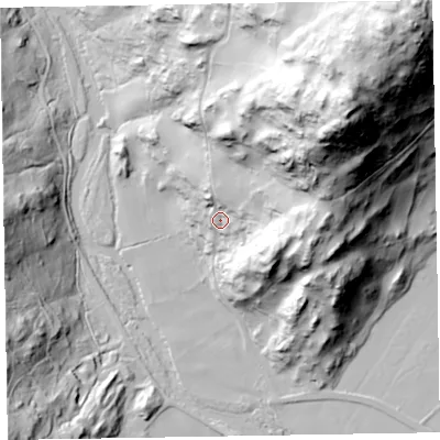 Shaded relief map of the ground around LA206DR, computed from Environment Agency LiDAR. The ground here sits at about 25 m above sea level and falls 139 m across the surrounding 800 m. Surface water reaching this point runs off ground lying to the north-east, 113.4 m higher.