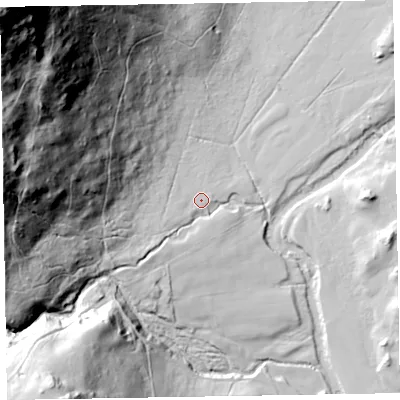 Shaded relief map of the ground around LA206DU, computed from Environment Agency LiDAR. The ground here sits at about 56 m above sea level and falls 182 m across the surrounding 800 m. Surface water reaching this point runs off ground lying to the west-south-west, 8.3 m higher.