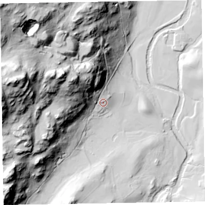 Shaded relief map of the ground around LA206DZ, computed from Environment Agency LiDAR. The ground here sits at about 91 m above sea level and falls 166 m across the surrounding 800 m. Surface water reaching this point runs off ground lying to the north-west, 74.6 m higher.
