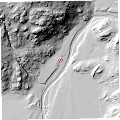 Shaded relief map of the ground around LA206EA, computed from Environment Agency LiDAR. The ground here sits at about 88 m above sea level and falls 141 m across the surrounding 800 m. Surface water reaching this point runs off ground lying to the west, 4.1 m higher.