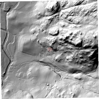 Shaded relief map of the ground around LA206EB, computed from Environment Agency LiDAR. The ground here sits at about 117 m above sea level and falls 187 m across the surrounding 800 m. Surface water reaching this point runs off ground lying to the north-north-east, 33.9 m higher.
