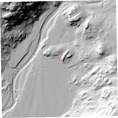 Shaded relief map of the ground around LA206ED, computed from Environment Agency LiDAR. The ground here sits at about 89 m above sea level and falls 116 m across the surrounding 800 m. Surface water reaching this point runs off ground lying to the north-east, 15.4 m higher.