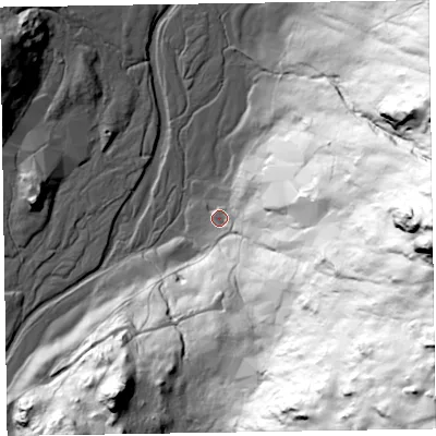 Shaded relief map of the ground around LA206EG, computed from Environment Agency LiDAR. The ground here sits at about 194 m above sea level and falls 216 m across the surrounding 800 m. Surface water reaching this point runs off ground lying to the east, 183.2 m higher.