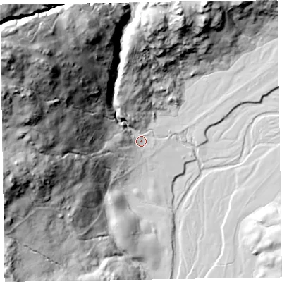 Shaded relief map of the ground around LA206EQ, computed from Environment Agency LiDAR. The ground here sits at about 210 m above sea level and falls 151 m across the surrounding 800 m. Surface water reaching this point runs off ground lying to the north-west, 138.9 m higher.