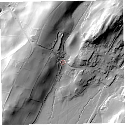 Shaded relief map of the ground around LA206ER, computed from Environment Agency LiDAR. The ground here sits at about 18 m above sea level and falls 55 m across the surrounding 800 m. Surface water reaching this point runs off ground lying to the north-east, 37.5 m higher.