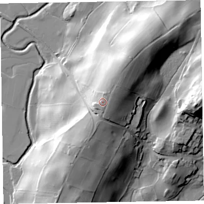 Shaded relief map of the ground around LA206ES, computed from Environment Agency LiDAR. The ground here sits at about 46 m above sea level and falls 49 m across the surrounding 800 m. Surface water reaching this point runs off ground lying to the north-north-east, 5.4 m higher.