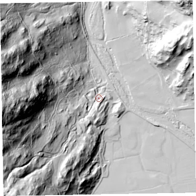 Shaded relief map of the ground around LA206ET, computed from Environment Agency LiDAR. The ground here sits at about 12 m above sea level and falls 155 m across the surrounding 800 m. Surface water reaching this point runs off ground lying to the west-south-west, 141.3 m higher.