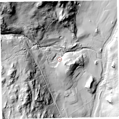 Shaded relief map of the ground around LA206EU, computed from Environment Agency LiDAR. The ground here sits at about 42 m above sea level and falls 137 m across the surrounding 800 m. Surface water reaching this point runs off ground lying to the west-south-west, 86.3 m higher.