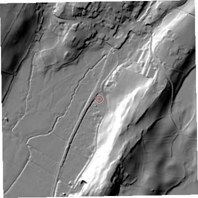 Shaded relief map of the ground around LA206EZ, computed from Environment Agency LiDAR. The ground here sits at about 7 m above sea level and falls 37 m across the surrounding 800 m. Surface water reaching this point runs off ground lying to the east-south-east, 29.9 m higher.