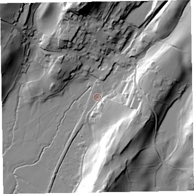 Shaded relief map of the ground around LA206HB, computed from Environment Agency LiDAR. The ground here sits at about 8 m above sea level and falls 46 m across the surrounding 800 m. Surface water reaching this point runs off ground lying to the south-south-east, 24.3 m higher.
