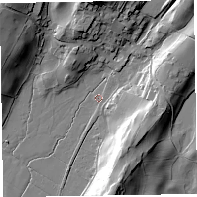Shaded relief map of the ground around LA206HD, computed from Environment Agency LiDAR. The ground here sits at about 6 m above sea level and falls 40 m across the surrounding 800 m. Surface water reaching this point runs off ground lying to the south-east, 28.5 m higher.