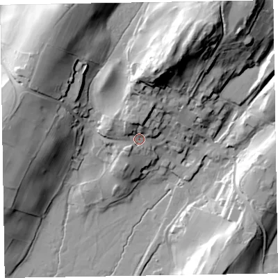Shaded relief map of the ground around LA206HJ, computed from Environment Agency LiDAR. The ground here sits at about 18 m above sea level and falls 53 m across the surrounding 800 m. Surface water reaching this point runs off ground lying to the north-north-west, 11.1 m higher.
