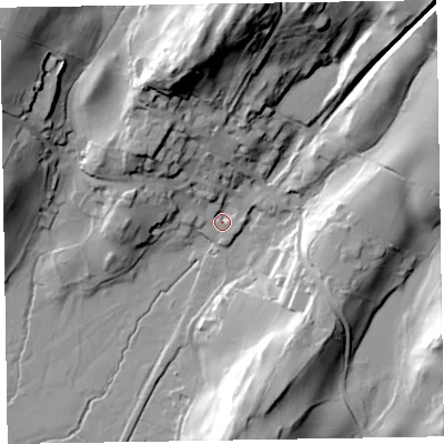 Shaded relief map of the ground around LA206HN, computed from Environment Agency LiDAR. The ground here sits at about 9 m above sea level and falls 53 m across the surrounding 800 m. Surface water reaching this point runs off ground lying to the north, 50.1 m higher.