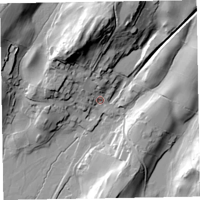 Shaded relief map of the ground around LA206HP, computed from Environment Agency LiDAR. The ground here sits at about 14 m above sea level and falls 53 m across the surrounding 800 m. Surface water reaching this point runs off ground lying to the north, 45.5 m higher.