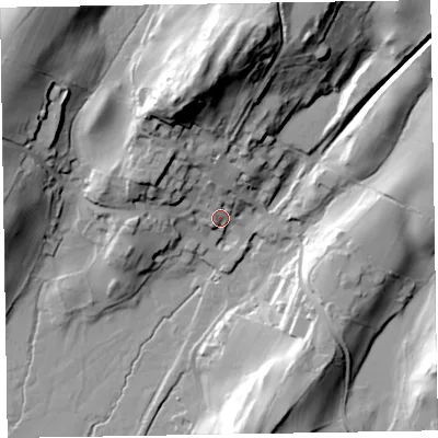 Shaded relief map of the ground around LA206HQ, computed from Environment Agency LiDAR. The ground here sits at about 14 m above sea level and falls 53 m across the surrounding 800 m. Surface water reaching this point runs off ground lying to the north-north-west, 13.6 m higher.