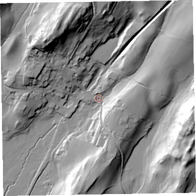 Shaded relief map of the ground around LA206HS, computed from Environment Agency LiDAR. The ground here sits at about 11 m above sea level and falls 53 m across the surrounding 800 m. Surface water reaching this point runs off ground lying to the north-east, 24.3 m higher.