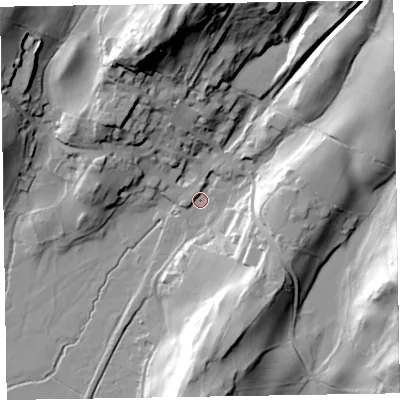 Shaded relief map of the ground around LA206HW, computed from Environment Agency LiDAR. The ground here sits at about 8 m above sea level and falls 52 m across the surrounding 800 m. Surface water reaching this point runs off ground lying to the south-south-east, 25.5 m higher.