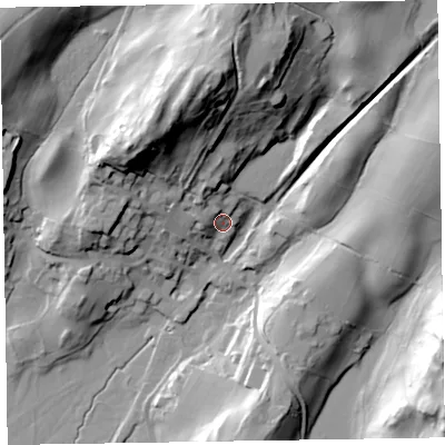 Shaded relief map of the ground around LA206HX, computed from Environment Agency LiDAR. The ground here sits at about 16 m above sea level and falls 53 m across the surrounding 800 m. Surface water reaching this point runs off ground lying to the north-west, 8.9 m higher.