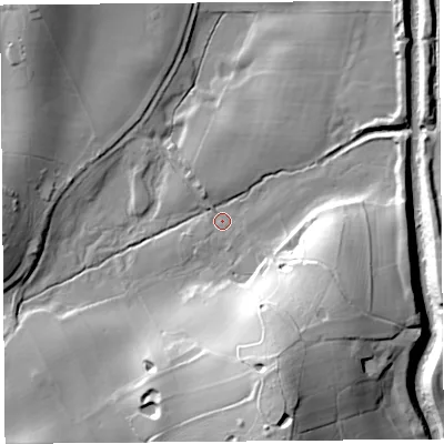 Shaded relief map of the ground around LA20AH, computed from Environment Agency LiDAR. The ground here sits at about 19 m above sea level and falls 35 m across the surrounding 800 m. Surface water reaching this point runs off ground lying to the south-south-east, 29.3 m higher.