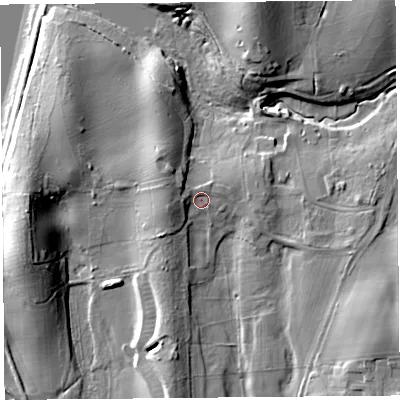 Shaded relief map of the ground around LA20AJ, computed from Environment Agency LiDAR. The ground here sits at about 13 m above sea level and falls 21 m across the surrounding 800 m. Surface water reaching this point runs off ground lying to the west-north-west, 4.1 m higher.