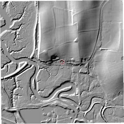 Shaded relief map of the ground around LA20AN, computed from Environment Agency LiDAR. The ground here sits at about 7 m above sea level and falls 19 m across the surrounding 800 m. Surface water reaching this point runs off ground lying to the west-north-west, 11.3 m higher.