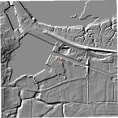 Shaded relief map of the ground around LA20AR, computed from Environment Agency LiDAR. The ground here sits at about 6 m above sea level and falls 9 m across the surrounding 800 m. Surface water reaching this point runs off ground lying to the east, 4.9 m higher.