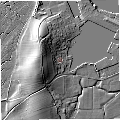Shaded relief map of the ground around LA20AS, computed from Environment Agency LiDAR. The ground here sits at about 9 m above sea level and falls 19 m across the surrounding 800 m. Surface water reaching this point runs off ground lying to the west-south-west, 12.7 m higher.