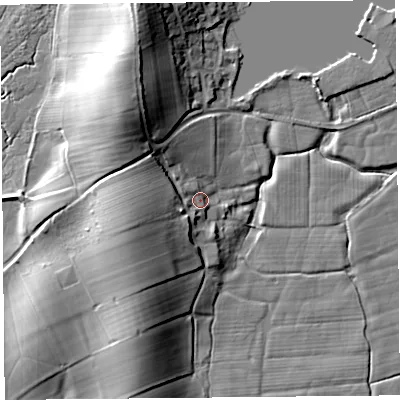 Shaded relief map of the ground around LA20AU, computed from Environment Agency LiDAR. The ground here sits at about 8 m above sea level and falls 18 m across the surrounding 800 m. Surface water reaching this point runs off ground lying to the west-south-west, 9.9 m higher.