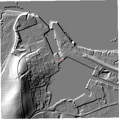 Shaded relief map of the ground around LA20AW, computed from Environment Agency LiDAR. The ground here sits at about 6 m above sea level and falls 19 m across the surrounding 800 m. Surface water reaching this point runs off ground lying to the west-south-west, 16.8 m higher.