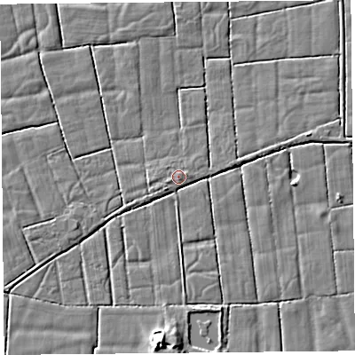 Shaded relief map of the ground around LA20AX, computed from Environment Agency LiDAR. The ground here sits at about 5 m above sea level and falls 5 m across the surrounding 800 m. Surface water reaching this point runs off ground lying to the west-south-west, 0.6 m higher.