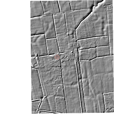 Shaded relief map of the ground around LA20AY, computed from Environment Agency LiDAR. The ground here sits at about 5 m above sea level and falls 3 m across the surrounding 800 m. Surface water reaching this point runs off ground lying to the north-north-east, 1.2 m higher.