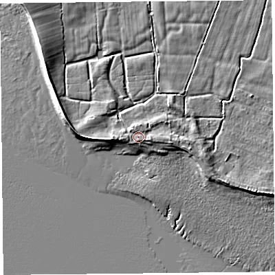 Shaded relief map of the ground around LA20AZ, computed from Environment Agency LiDAR. The ground here sits at about 7 m above sea level and falls 7 m across the surrounding 800 m. Surface water reaching this point runs off ground lying to the east-south-east, 1.1 m higher.