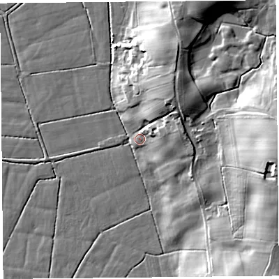 Shaded relief map of the ground around LA20BA, computed from Environment Agency LiDAR. The ground here sits at about 5 m above sea level and falls 24 m across the surrounding 800 m. Surface water reaching this point runs off ground lying to the north-east, 14.1 m higher.