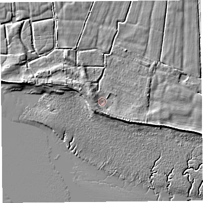Shaded relief map of the ground around LA20BB, computed from Environment Agency LiDAR. The ground here sits at about 6 m above sea level and falls 6 m across the surrounding 800 m. Surface water reaching this point runs off ground lying to the west, 1.9 m higher.