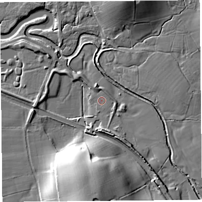 Shaded relief map of the ground around LA20BD, computed from Environment Agency LiDAR. The ground here sits at about 6 m above sea level and falls 26 m across the surrounding 800 m. Surface water reaching this point runs off ground lying to the south-south-east, 1.4 m higher.