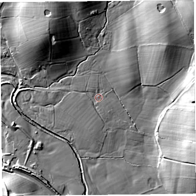 Shaded relief map of the ground around LA20BG, computed from Environment Agency LiDAR. The ground here sits at about 7 m above sea level and falls 26 m across the surrounding 800 m. Surface water reaching this point runs off ground lying to the south-east, 1.0 m higher.