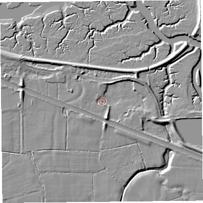 Shaded relief map of the ground around LA20BP, computed from Environment Agency LiDAR. The ground here sits at about 5 m above sea level and falls 8 m across the surrounding 800 m. Surface water reaching this point runs off ground lying to the south-south-east, 4.6 m higher.