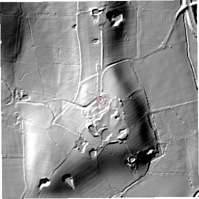Shaded relief map of the ground around LA20BQ, computed from Environment Agency LiDAR. The ground here sits at about 26 m above sea level and falls 24 m across the surrounding 800 m. Surface water reaching this point runs off ground lying to the south-east, 8.7 m higher.