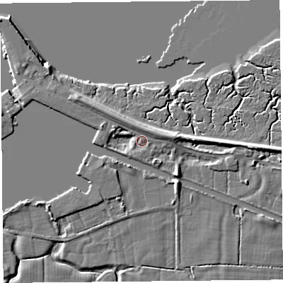Shaded relief map of the ground around LA20BS, computed from Environment Agency LiDAR. The ground here sits at about 6 m above sea level and falls 7 m across the surrounding 800 m. Surface water reaching this point runs off ground lying to the east-north-east, 3.6 m higher.