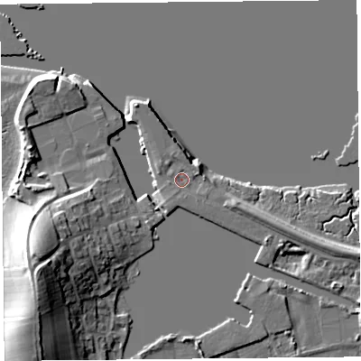 Shaded relief map of the ground around LA20BT, computed from Environment Agency LiDAR. The ground here sits at about 6 m above sea level and falls 19 m across the surrounding 800 m. Surface water reaching this point runs off ground lying to the east, 1.3 m higher.