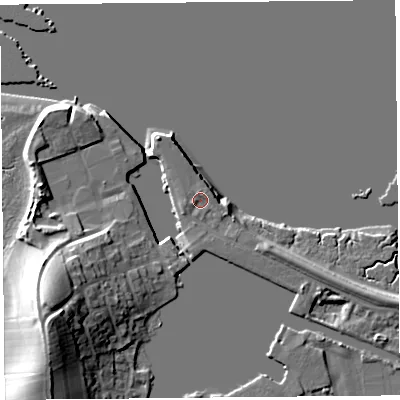 Shaded relief map of the ground around LA20BU, computed from Environment Agency LiDAR. The ground here sits at about 6 m above sea level and falls 19 m across the surrounding 800 m. Surface water reaching this point runs off ground lying to the east-south-east, 1.3 m higher.