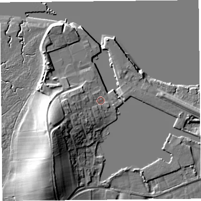 Shaded relief map of the ground around LA20BY, computed from Environment Agency LiDAR. The ground here sits at about 7 m above sea level and falls 19 m across the surrounding 800 m. Surface water reaching this point runs off ground lying to the west-south-west, 14.5 m higher.