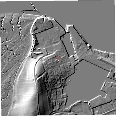 Shaded relief map of the ground around LA20BZ, computed from Environment Agency LiDAR. The ground here sits at about 8 m above sea level and falls 19 m across the surrounding 800 m. Surface water reaching this point runs off ground lying to the west-south-west, 7.1 m higher.