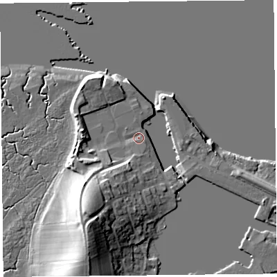 Shaded relief map of the ground around LA20DB, computed from Environment Agency LiDAR. The ground here sits at about 6 m above sea level and falls 19 m across the surrounding 800 m. Surface water reaching this point runs off ground lying to the south-south-west, 14.9 m higher.